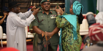 Former President Jonathan Decorates His ADC Ojogbane Adegbe with Major General Rank in Abuja